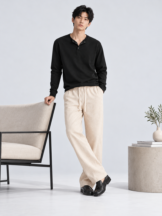 DILI men's beige relaxed straight-fit trousers, front view with drawstring waist.