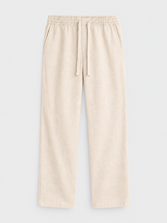 DILI men's beige relaxed straight-fit trousers, front view with drawstring waist.