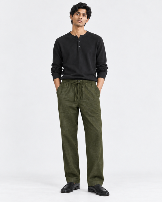 DILI men's dark olive green relaxed straight-fit trousers styled with a black Henley top.