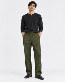 Men’s Dark Olive Green Linen-Cotton Relaxed Straight-Fit Trousers