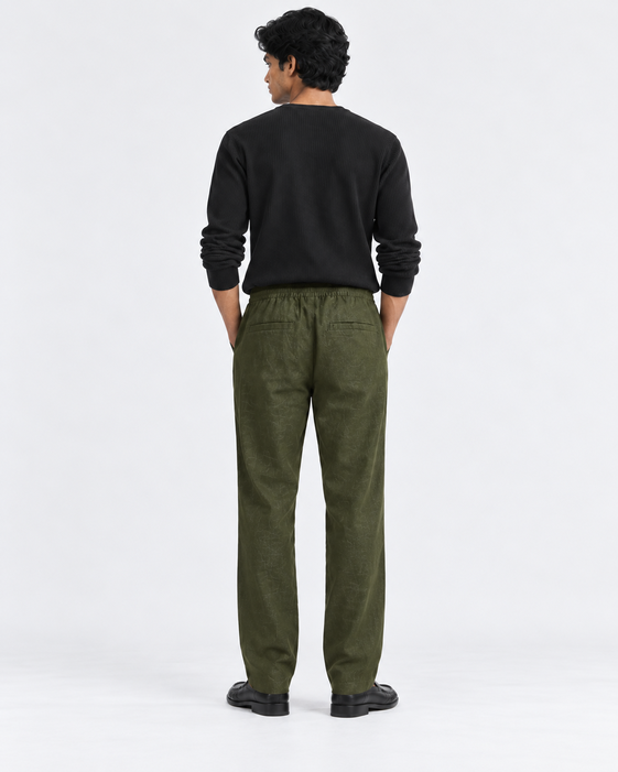 DILI men's dark olive green relaxed straight-fit trousers styled with a black Henley top.