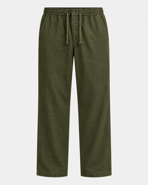 DILI men's dark olive green relaxed straight-fit trousers styled with a black Henley top.