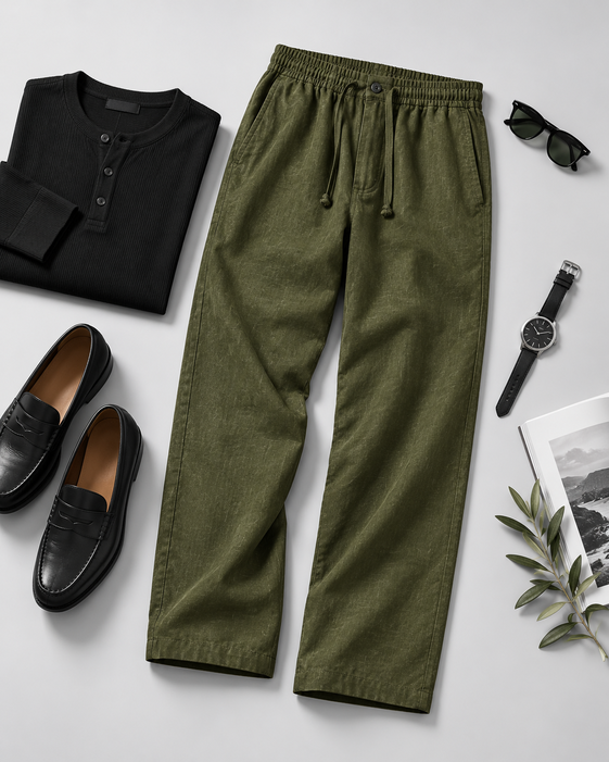DILI men's dark olive green relaxed straight-fit trousers styled with a black Henley top.
