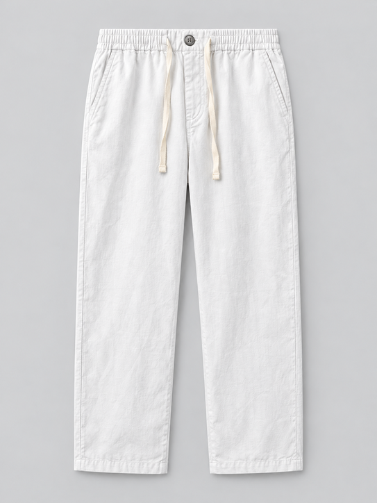 DILI men's white relaxed straight-fit trousers with adjustable drawstrings,
