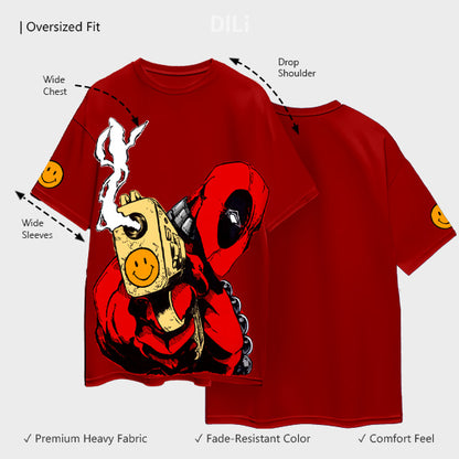 Deadpool Pure Cotton Printed Drop-Shoulder Sleeves Oversized T-shirt Red