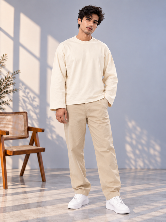 Men's Solid Cream Pure Cotton Oversized T-Shirt