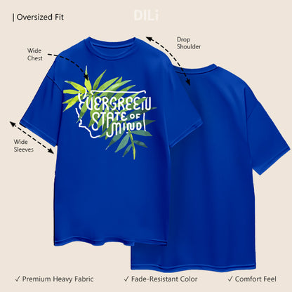 Premium Cotton Evergreen Printed Drop-Shoulder Sleeves Oversized Royal Blue T-shirt