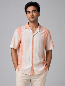 Men’s Peach & Cream Striped Linen-Cotton Relaxed-Fit Half-Sleeve Shirt