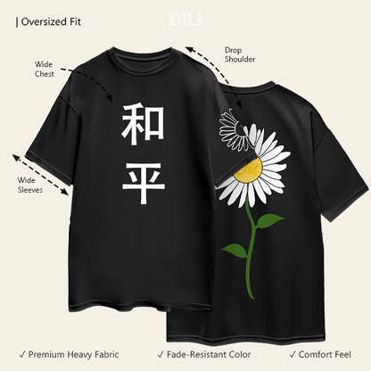 Floral Premium Pure Cotton Drop-Shoulder Sleeves Black Oversized T-shirt