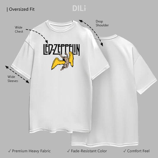 White t-shirt with Led Zeppelin graphic design on a gray background