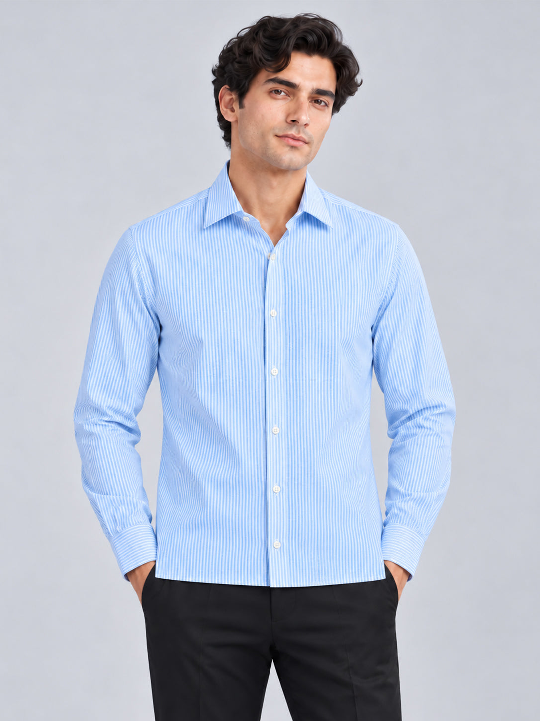 DILI men's light blue and white fine striped full sleeve shirt front view