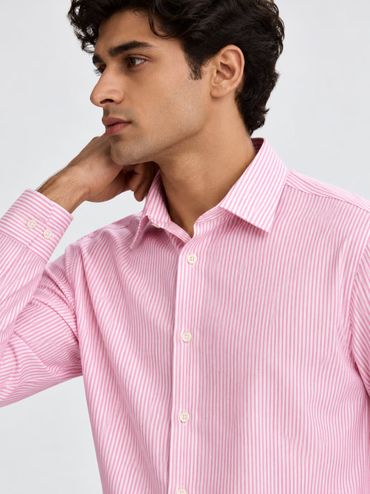 Pink striped shirt collar, white buttons and fine stripe details