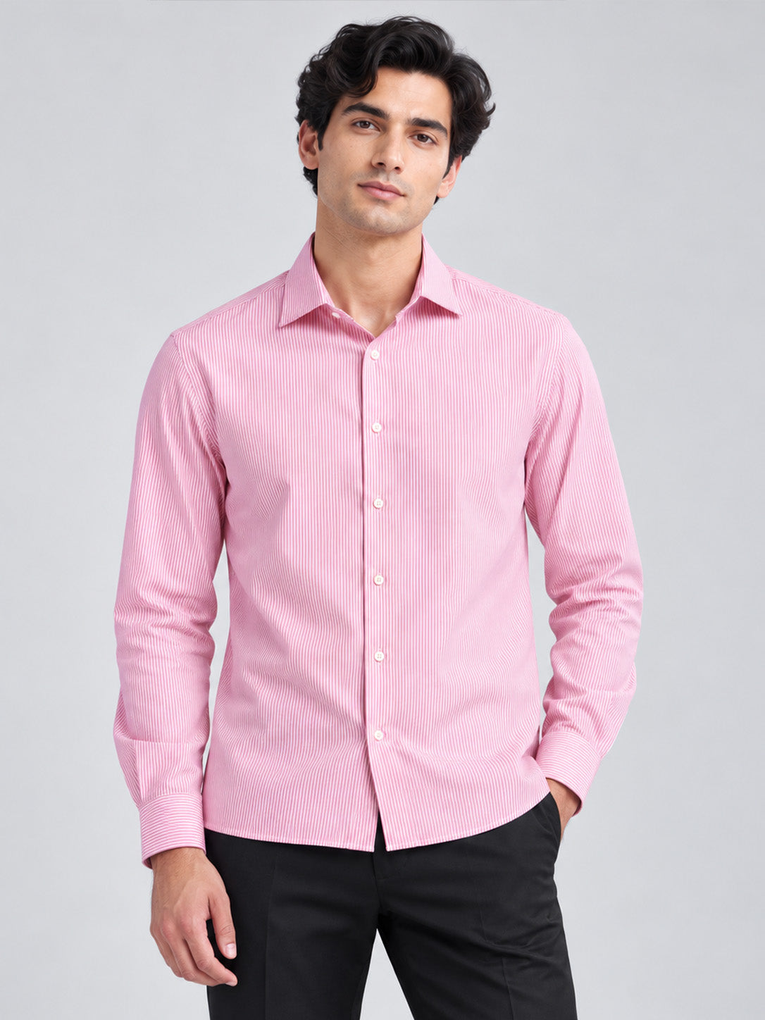 DILI men's pink and white fine striped full sleeve shirt front view