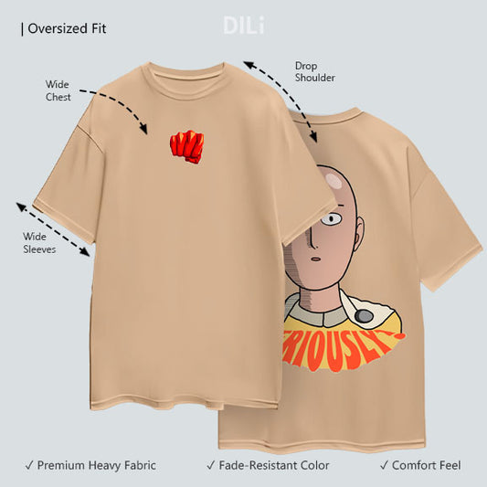 One Punch Man Printed Pure Cotton Oversized T-shirt Beige