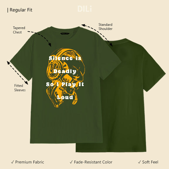 Skull and Typography Olive Regular Fit Premium T-Shirt.
