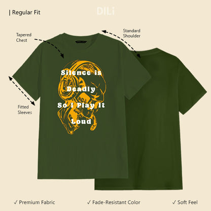 Skull and Typography Olive Regular Fit Premium T-Shirt