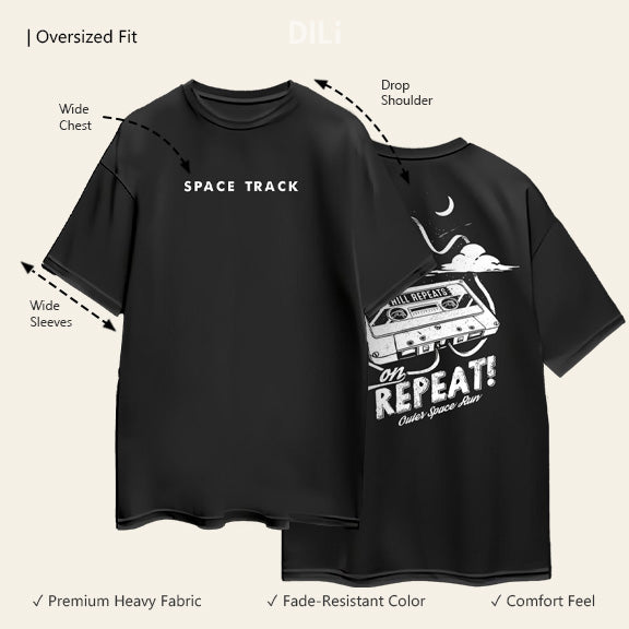 Space Track Printed Premium Pure Cotton Oversized Black T-shirt
