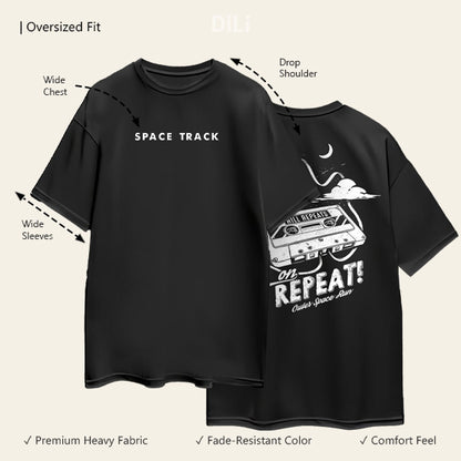Space Track Printed Premium Pure Cotton Oversized Black T-shirt