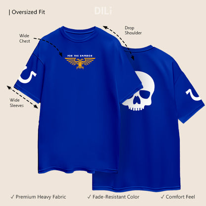Premium Cotton Warhammer Printed Drop-Shoulder Sleeves Royal Blue Oversized T-shirt