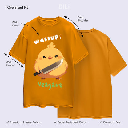 Orange t-shirt with cartoon chicken graphic and text on a light gray background