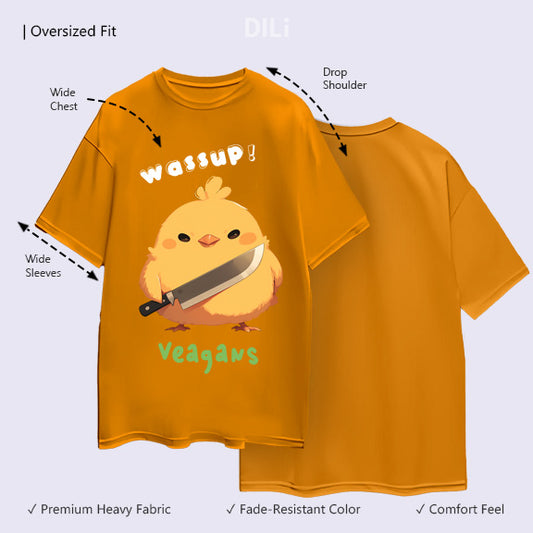 Orange t-shirt with cartoon chicken graphic and text on a light gray background