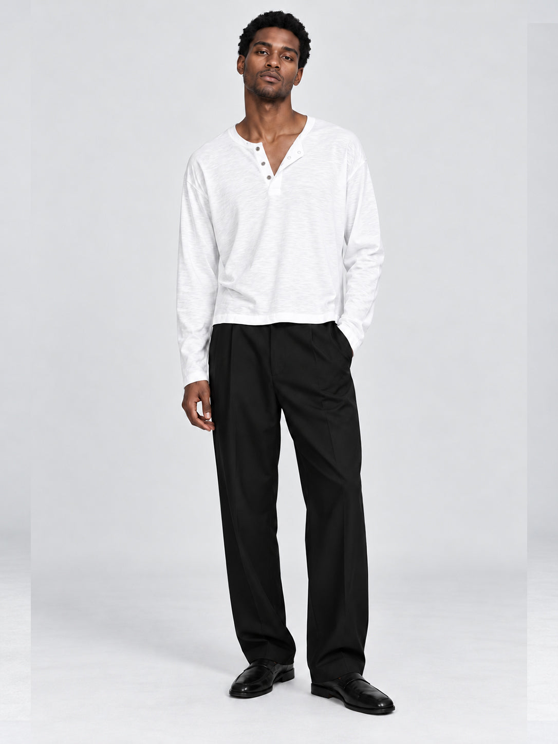 Men's White Slub Cotton Cropped Henley T-Shirt front view