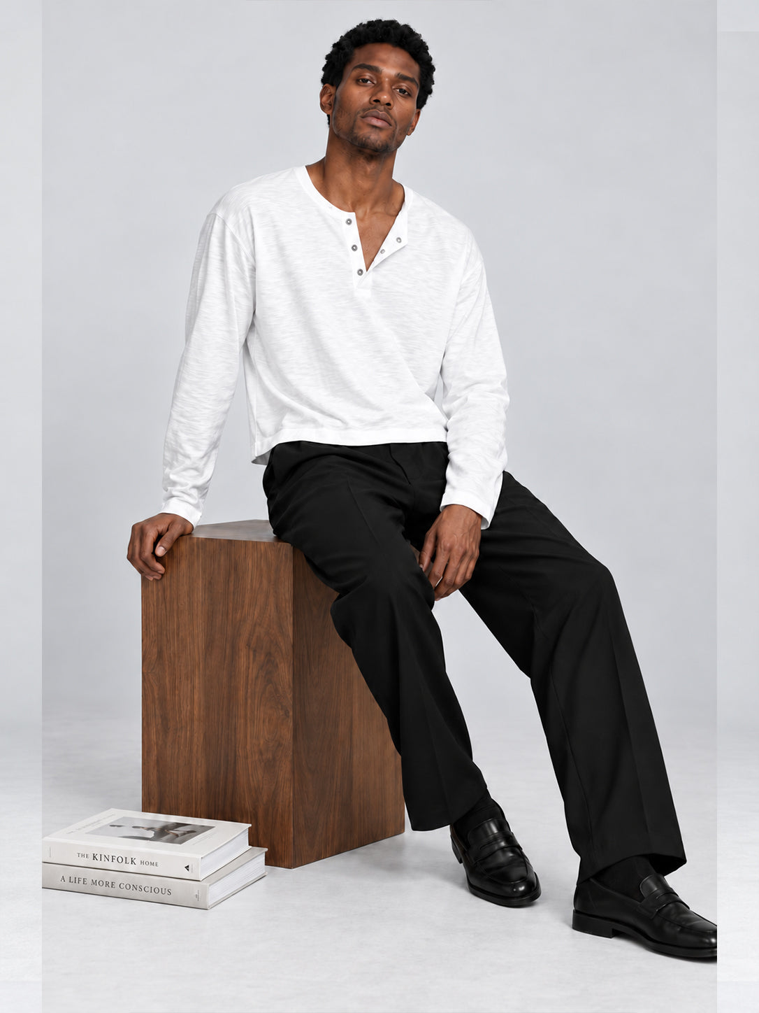 Men's White Slub Cotton Cropped Henley T-Shirt style shot