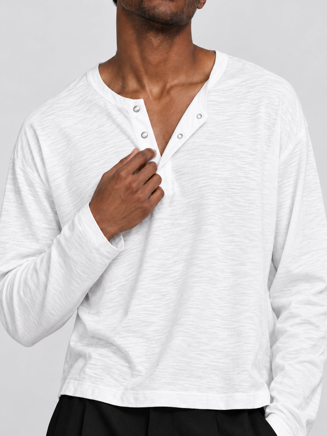 Men's White Slub Cotton Cropped Henley T-Shirt zoomed view