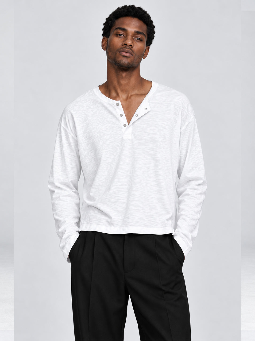 Men's White Slub Cotton Cropped Henley T-Shirt close up view