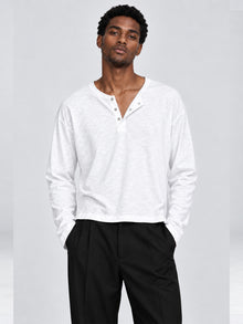Men's White Slub Cotton Cropped Full-Sleeve Henley T-Shirt