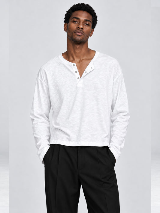 Men's White Slub Cotton Cropped Henley T-Shirt close up view