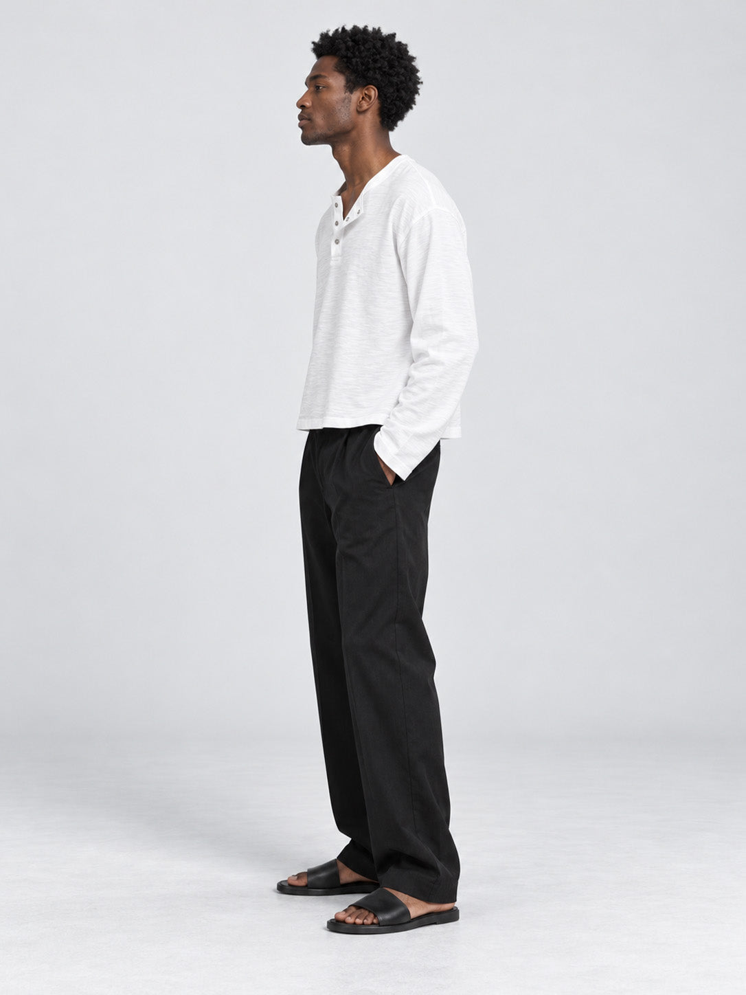 Men's White Slub Cotton Cropped Henley T-Shirt side view