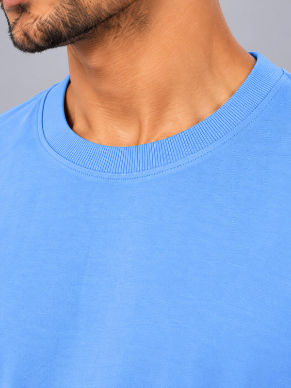 Men's Solid Sky Blue Pure Cotton Oversized T-Shirt