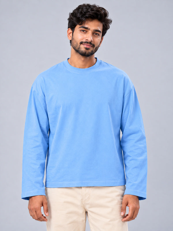 Men's Solid Sky Blue Pure Cotton Oversized T-Shirt