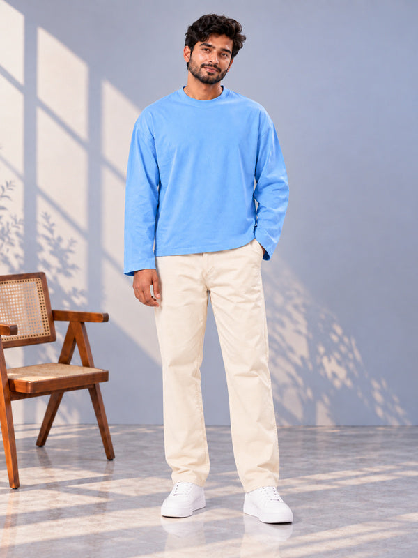 Men's Solid Sky Blue Pure Cotton Oversized T-Shirt