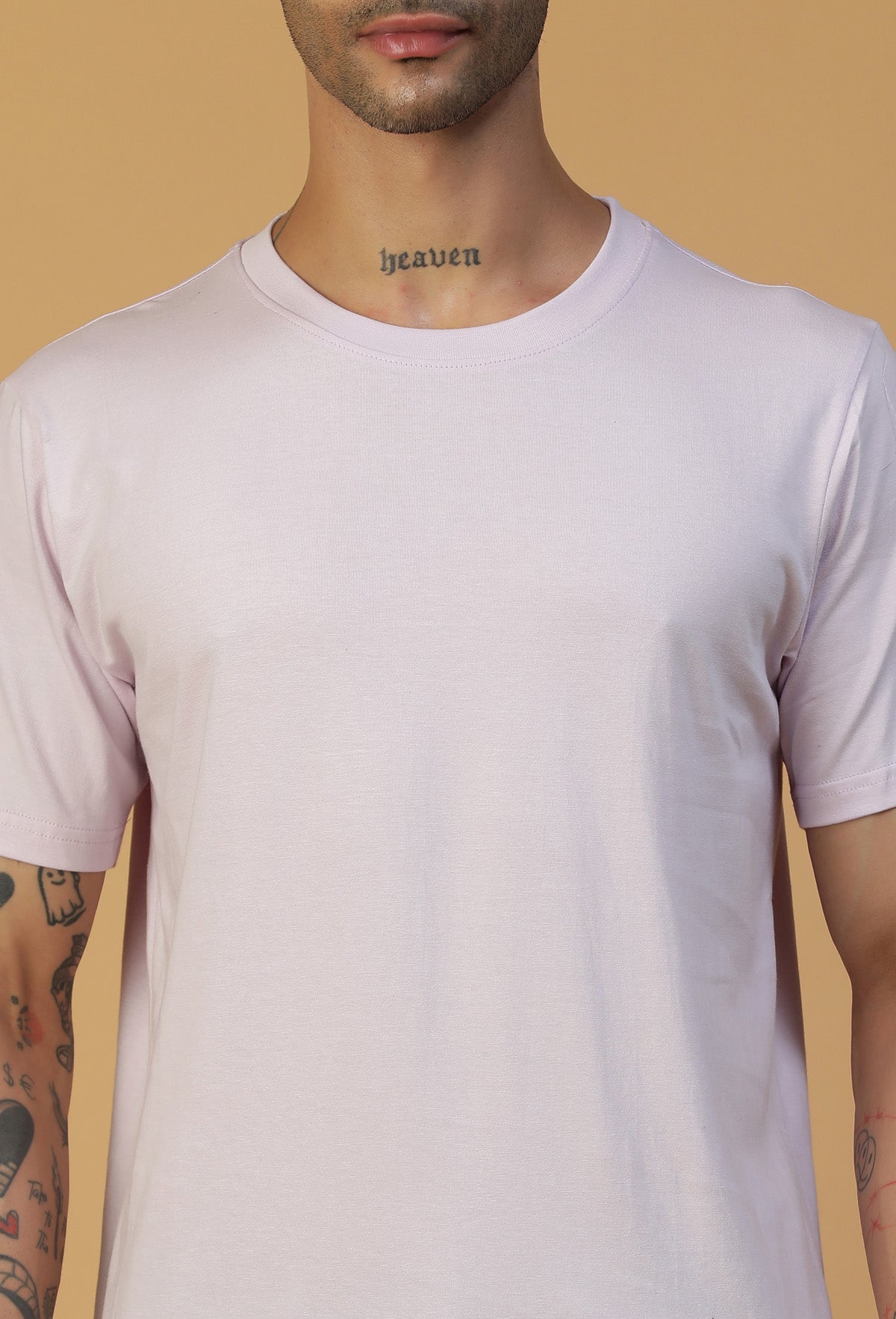 Close-up of lavender cotton T-shirt crew neck and fabric