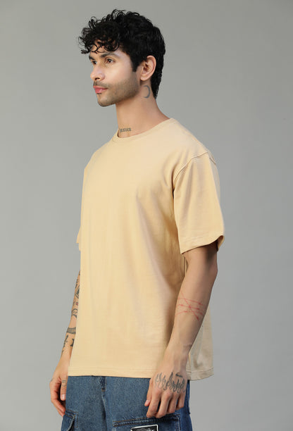 Side view of men's beige pure cotton oversized T-shirt
