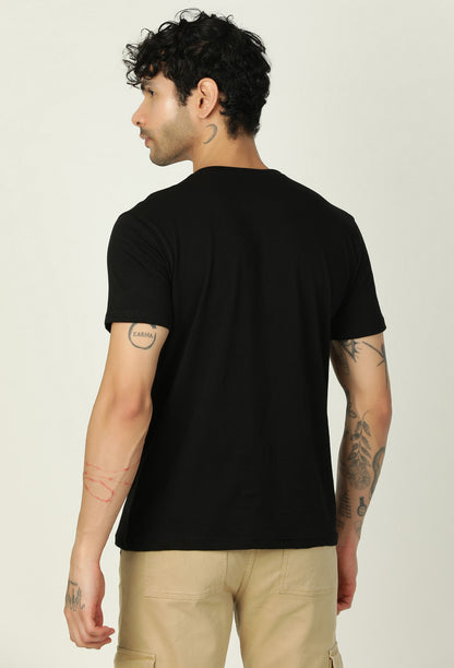 Back view of men's solid black cotton half-sleeve T-shirt