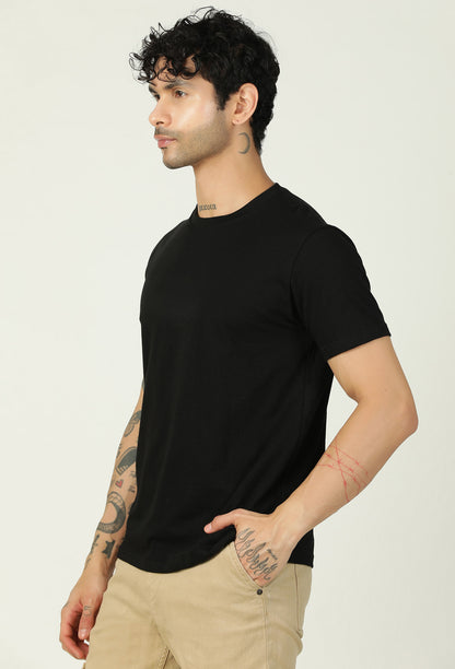Side view of men's solid black cotton regular-fit T-shirt
