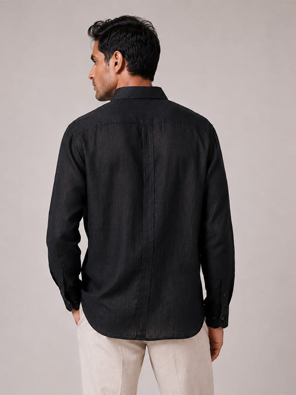 Back view of men's black linen-cotton relaxed-fit shirt