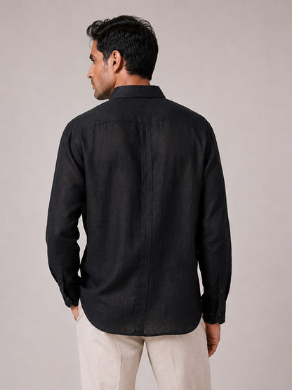 Back view of men's black linen-cotton relaxed-fit shirt