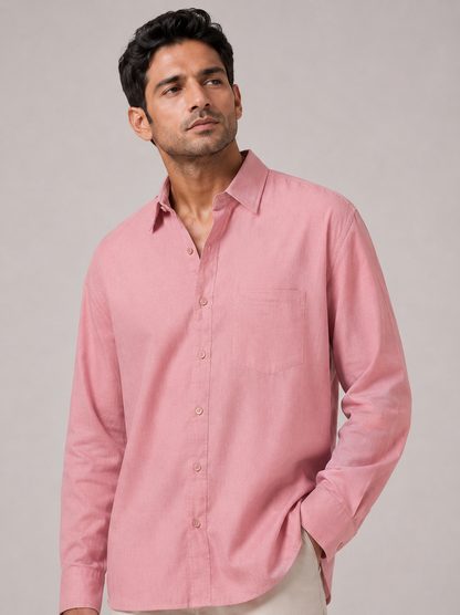 Three-quarter view of men's blush pink relaxed-fit full-sleeve shirt