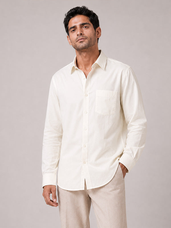 Front view of men's cream cotton relaxed-fit full-sleeve shirt