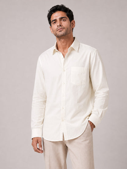 Front view of men's cream cotton relaxed-fit full-sleeve shirt