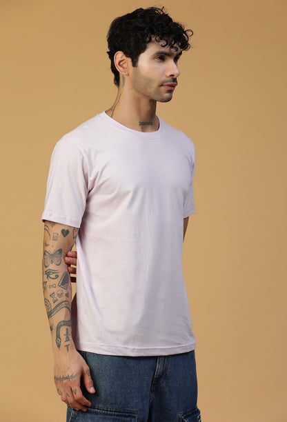 Three-quarter view of men's solid lavender cotton T-shirt