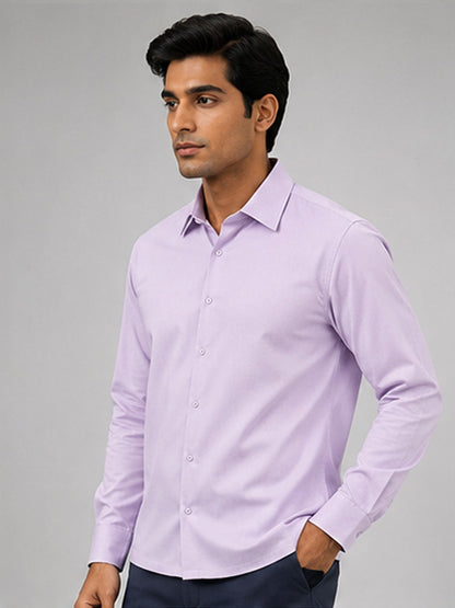 Men's lavender textured cotton full-sleeve shirt shown from the side