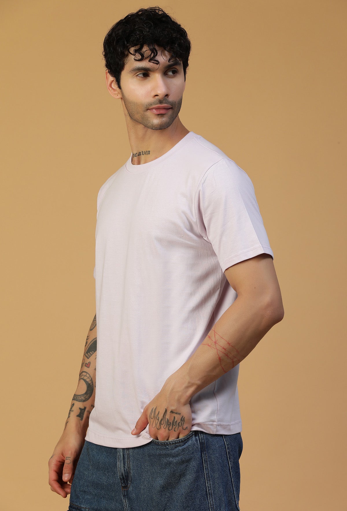 Side view of men's lavender cotton regular-fit T-shirt