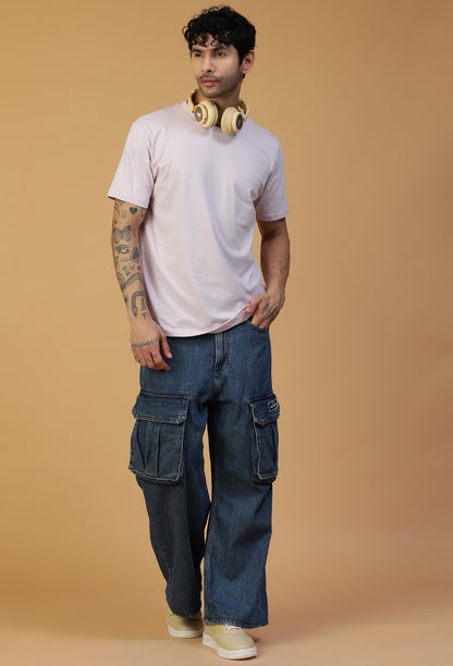 Full-length view of men's lavender cotton T-shirt with blue jeans