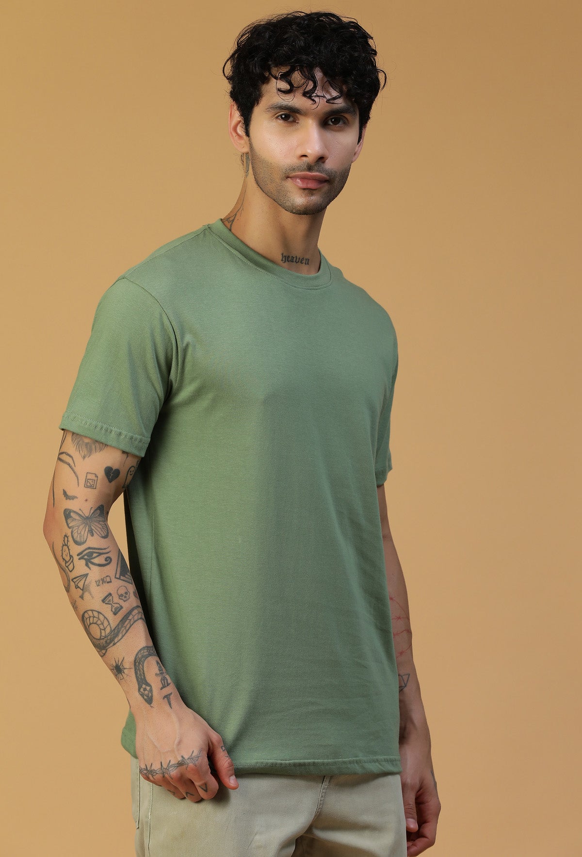 Three-quarter view of men's solid olive cotton T-shirt
