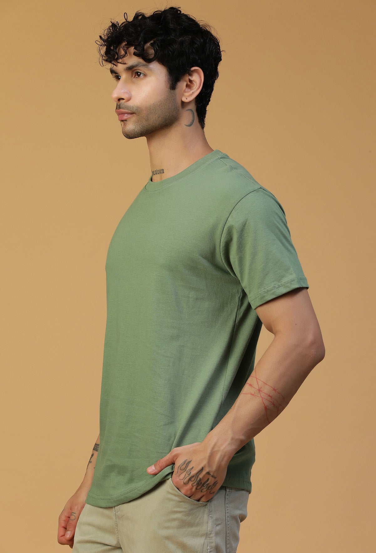 Side view of men's olive cotton regular-fit T-shirt